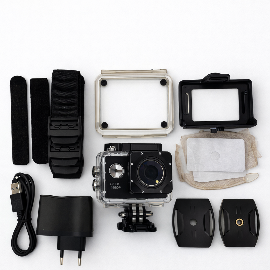 Cameră de acțiune Full HD 1080p cu WiFi, carcasă waterproof 30 m, ecran 2 inch, accesorii incluse
