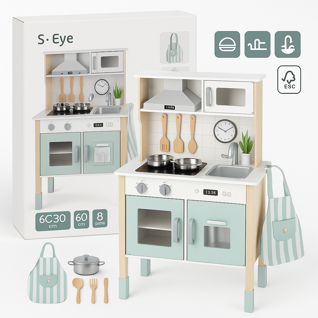 Bucătărie din Lemn S-Eye pentru Copii 60x30x93 cm cu 8 Piese și Accesorii FSC