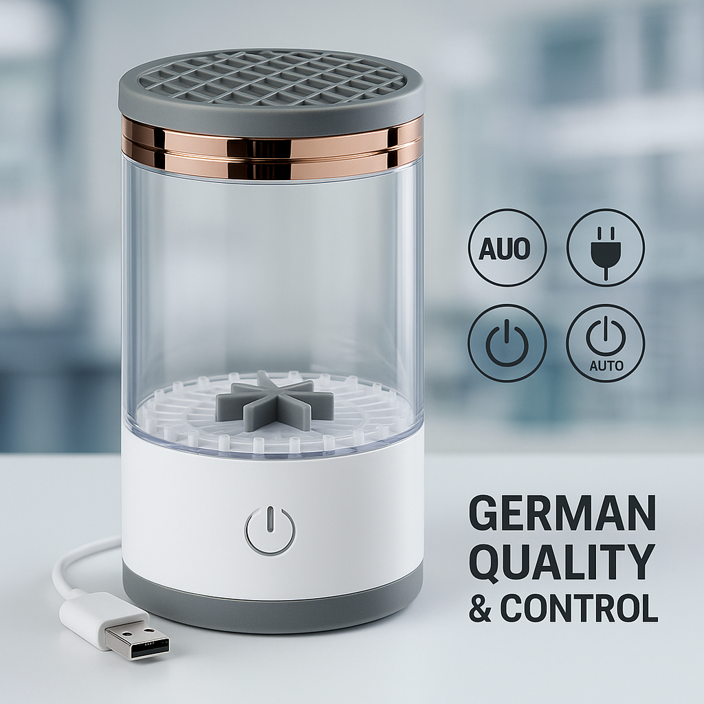 Aparat curățare pensule machiaj S-Eye, rotire 360°, suport uscare, alb, pentru 3 pensule