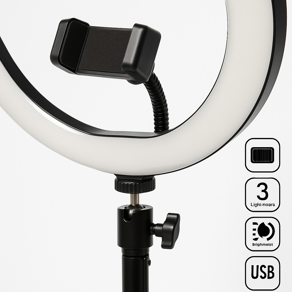 Lampa Selfie XXL 140 LED, Lumina Rece-Calda-Neutra, Stativ Metalic Reglabil, USB