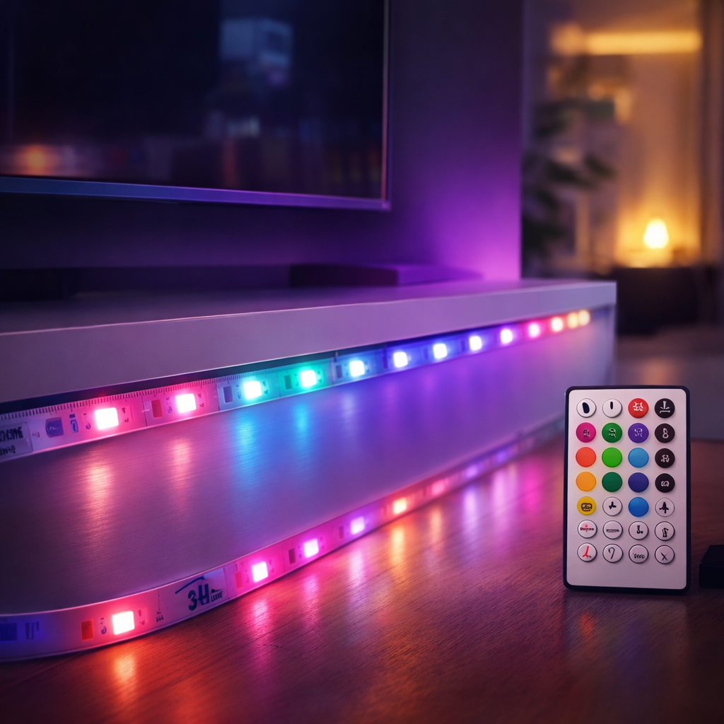 Banda LED 3m Grundig RGB + Alb Reglabil, 270 LED-uri SMD 5050, 600lm, 12 Culori, 4 Moduri, Functie Muzica, Telecomanda si Adaptor 12V Incluse