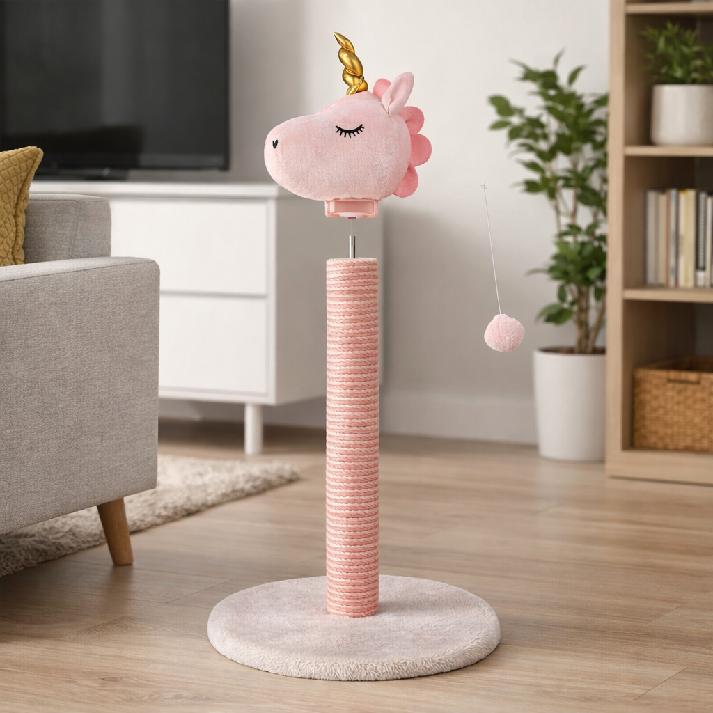 Ansamblu de zgâriat pentru pisici S-Eye Unicorn, 48 cm, stâlp sisal, bază 34 cm, minge suspendată, roz