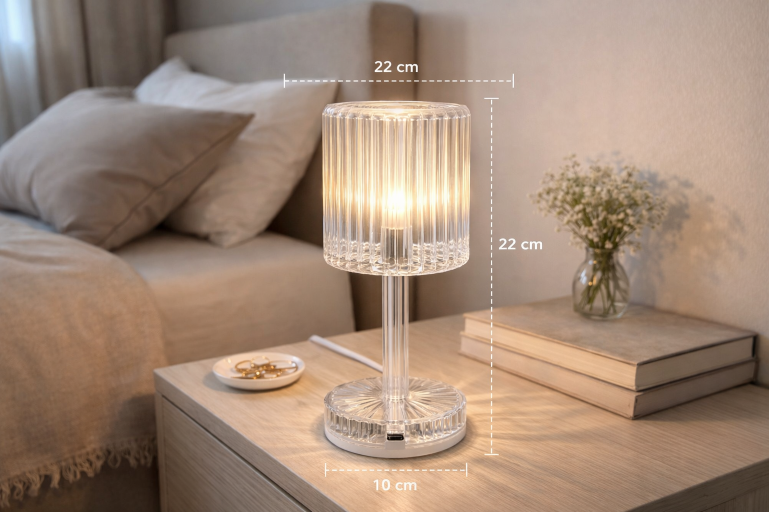 Lampa de Masa Tactila LED S-Eye - Design Cristal Transparent, Lumina Calda, Alimentare USB