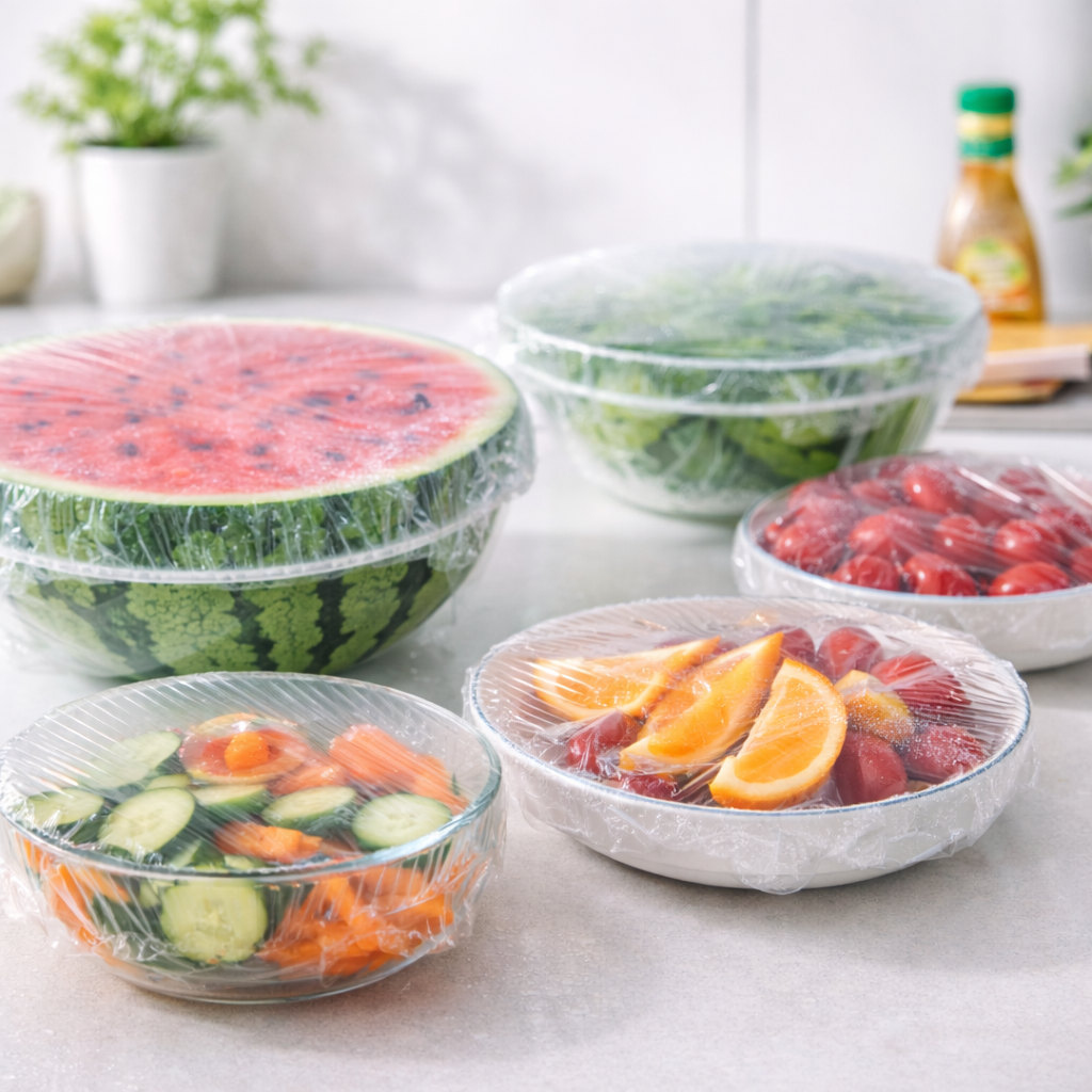 Huse elastice pentru alimente, set 100 bucăți, protecție farfurii și boluri, material PE alimentar