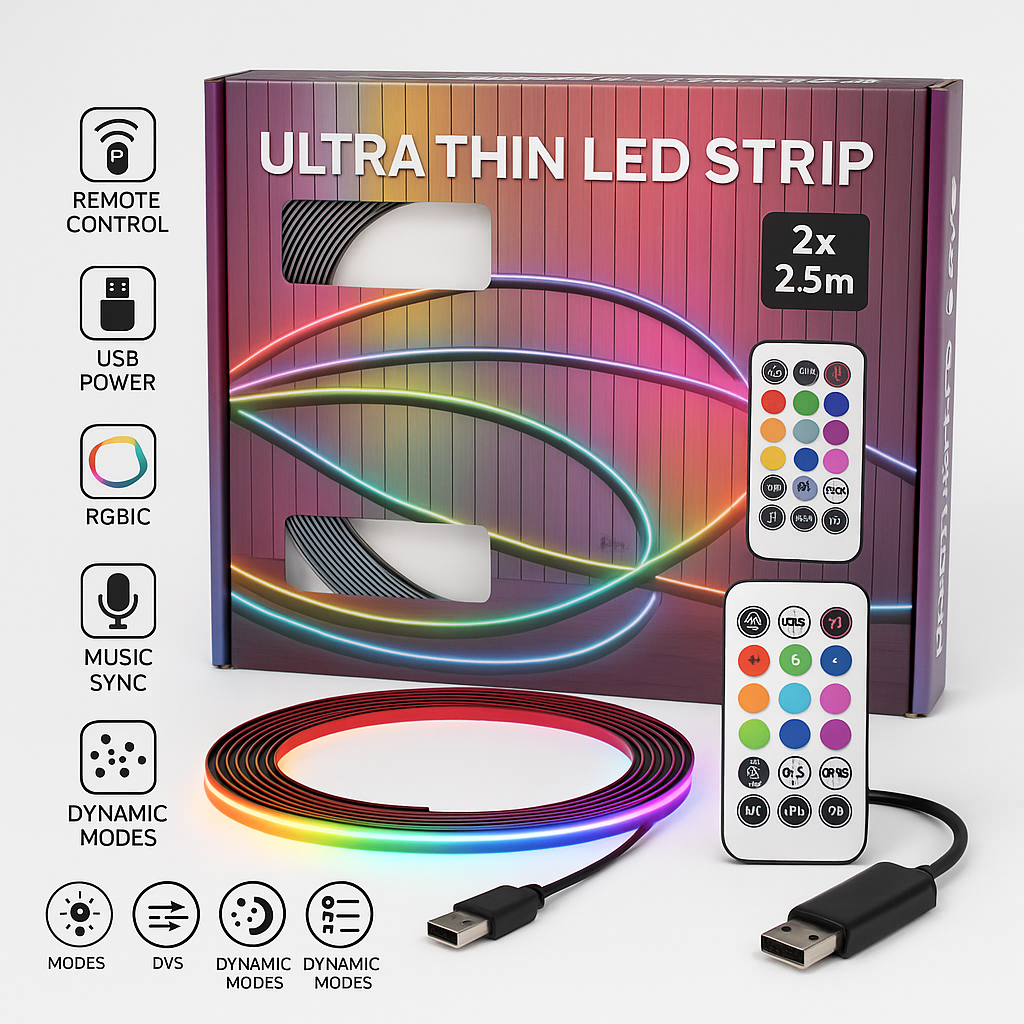 Bandă LED RGBIC s-eye Ultra Thin 5m cu Telecomandă și USB