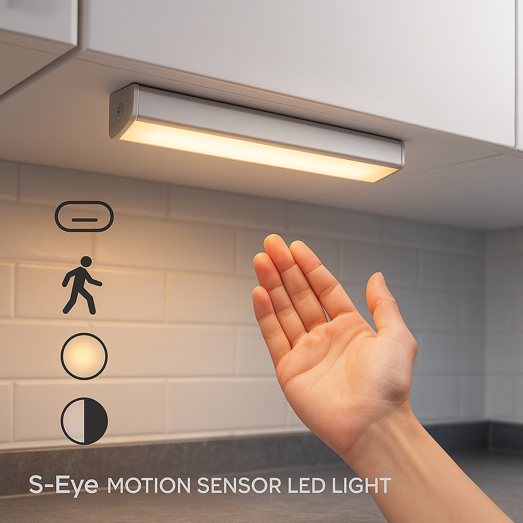 Lampa cu LED sub dulap S-Eye 200mm – Senzor de miscare, reincarcabila USB Type-C, 3 nuante de lumina (3000K-6500K)