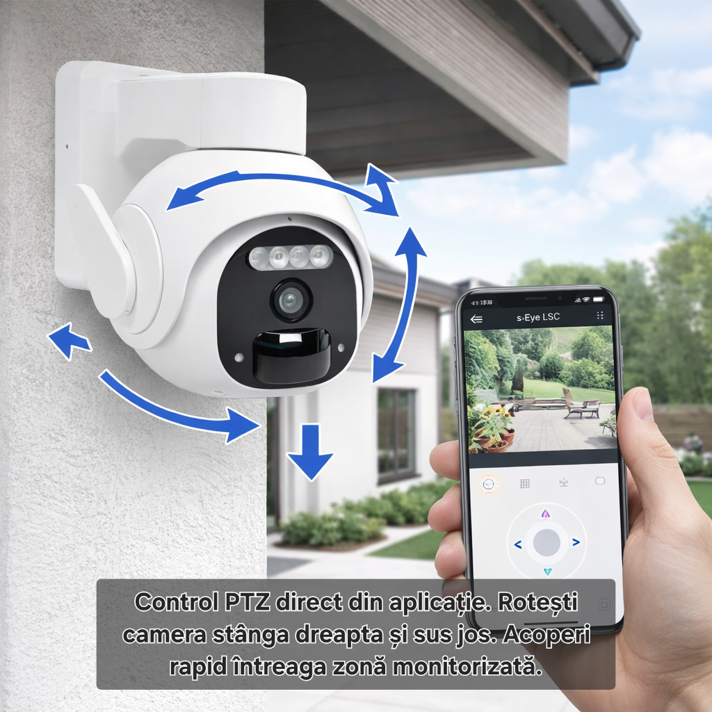 Camera supraveghere s-Eye LSC WiFi cu alimentare solară, PTZ, 1296p HD, detecție mișcare, sirenă, vedere nocturnă, IP65