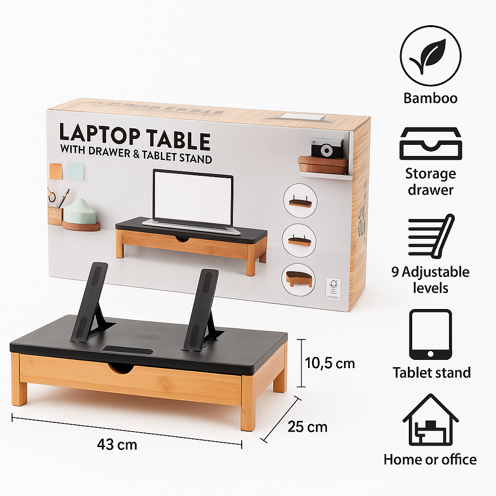 Suport laptop s-Eye din bambus cu sertar si stand pentru tableta, reglabil 9 pozitii