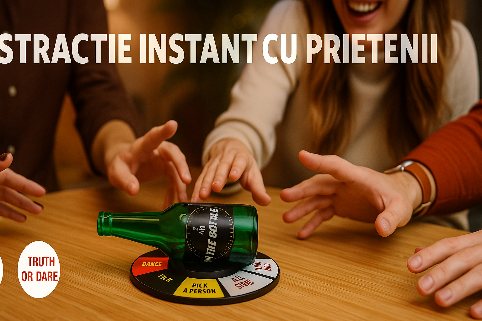 Joc de petrecere s-Eye,  Spin The Bottle SI, „Învârte sticla”, cu provocări amuzante, pentru grupuri de prieteni