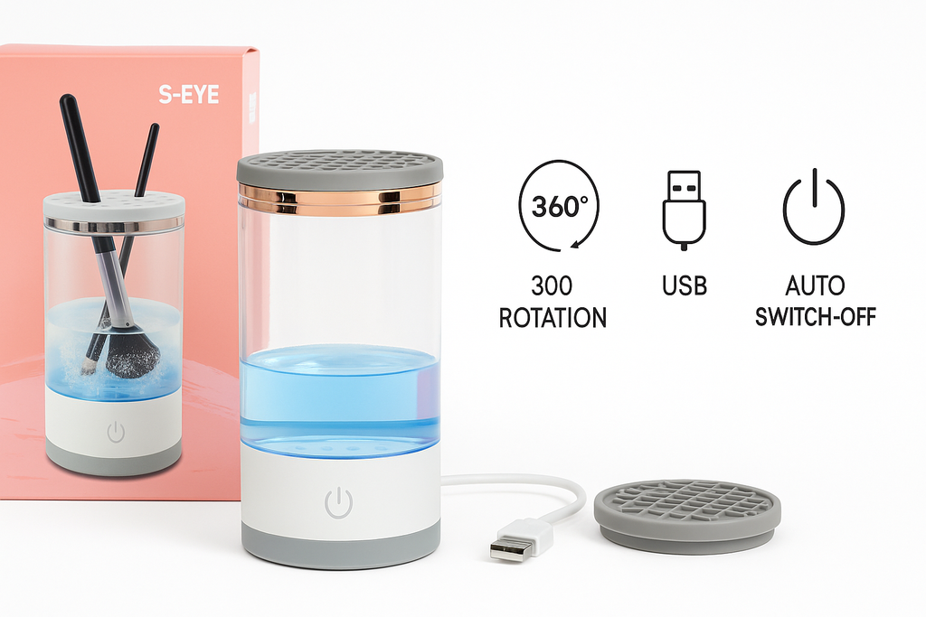 Aparat curățare pensule machiaj S-Eye, rotire 360°, suport uscare, alb, pentru 3 pensule
