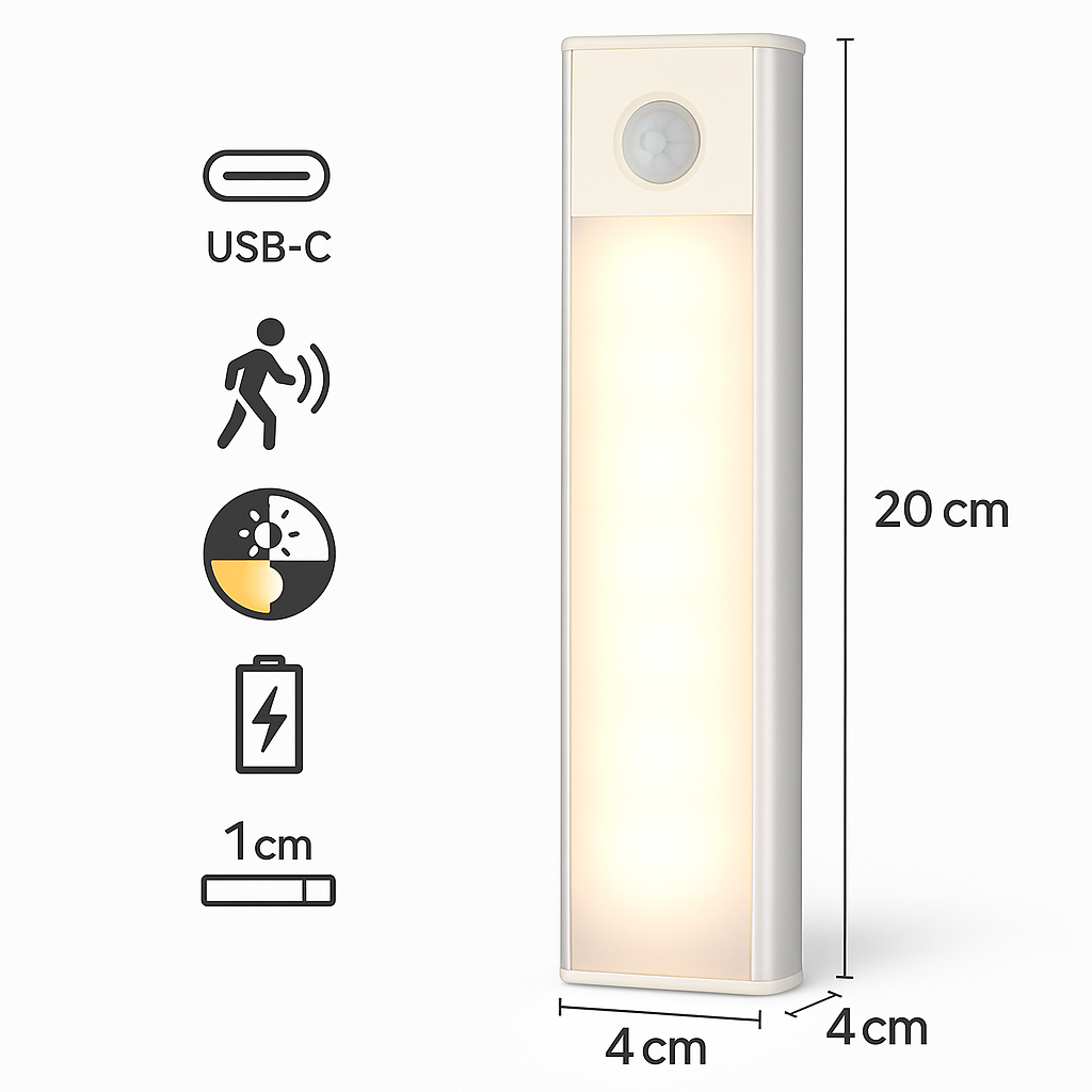 Lampa cu LED sub dulap S-Eye 200mm – Senzor de miscare, reincarcabila USB Type-C, 3 nuante de lumina (3000K-6500K) 