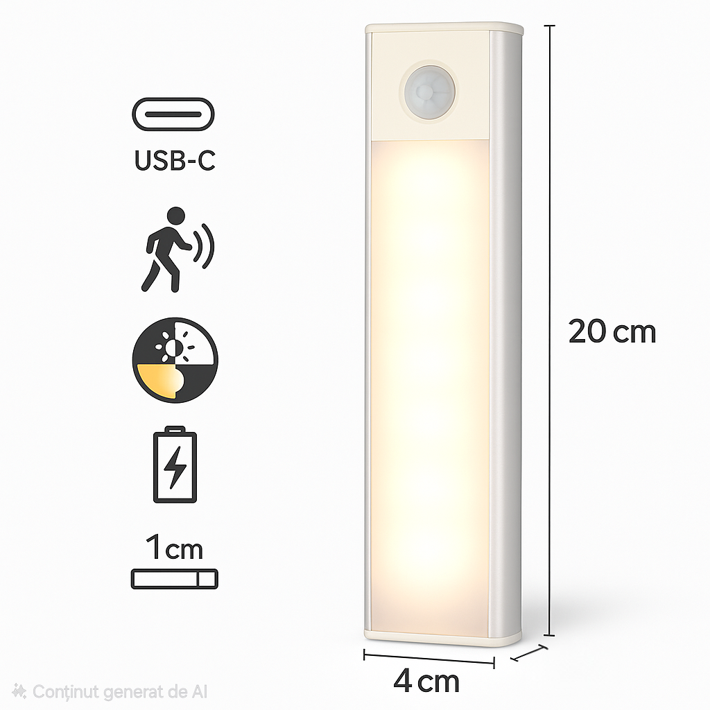 Lampa cu LED sub dulap S-Eye 200mm – Senzor de miscare, reincarcabila USB Type-C, 3 nuante de lumina (3000K-6500K) 