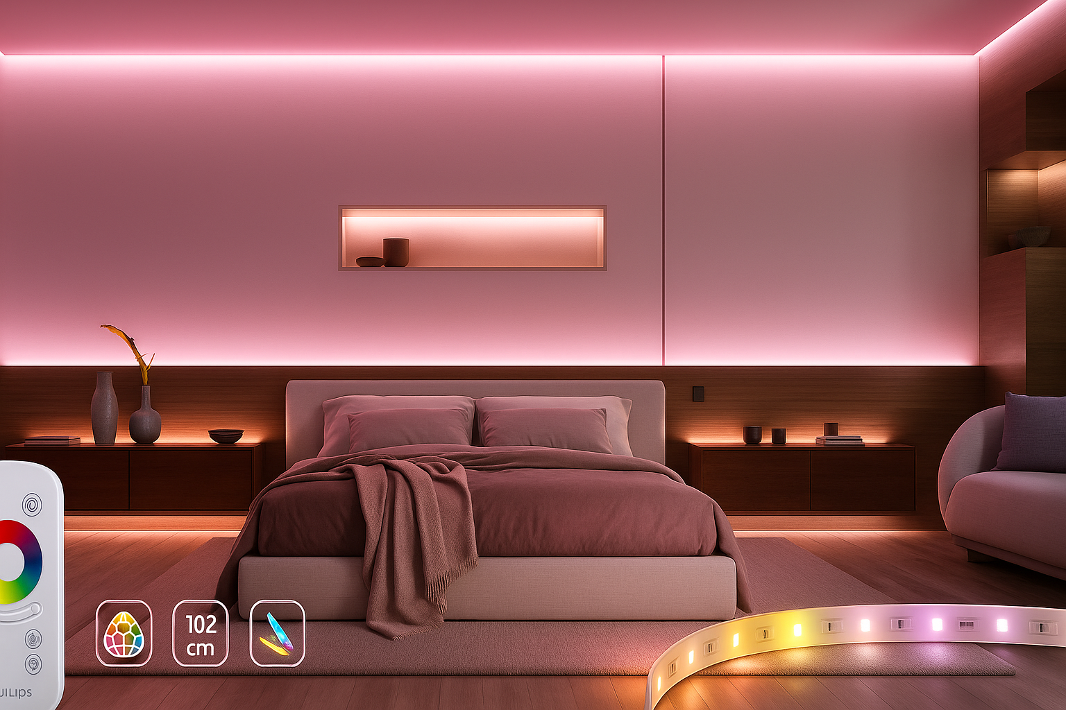 Bandă LED Philips RGB 5m, 24W, 1500 lm, telecomandă, 256 culori, iluminare ambientală