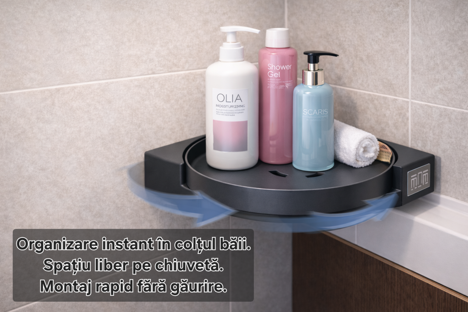 Suport rotativ baie s eye 360°, montaj fără găurire, organizator cosmetic rezistent la umezeală