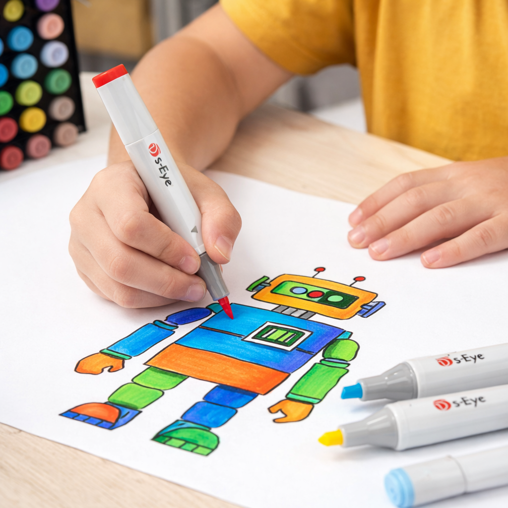 Markere permanente s-Eye 80 culori, pe baza de alcool, varf dublu fin si lat, cu suport
