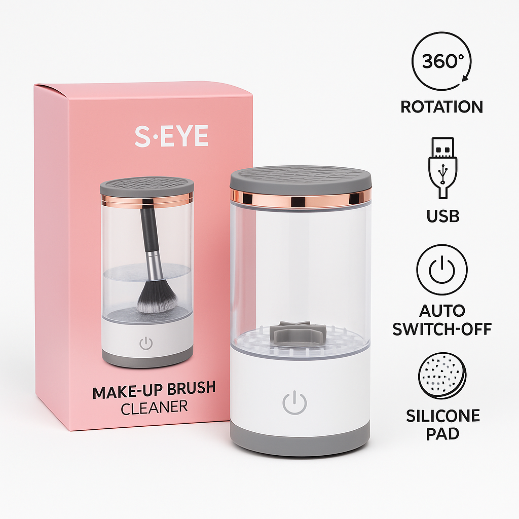 Aparat curățare pensule machiaj S-Eye, rotire 360°, suport uscare, alb, pentru 3 pensule