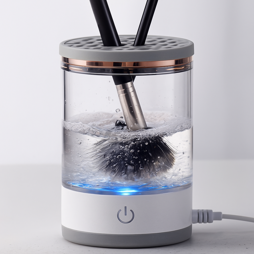 Aparat curățare pensule machiaj S-Eye, rotire 360°, suport uscare, alb, pentru 3 pensule