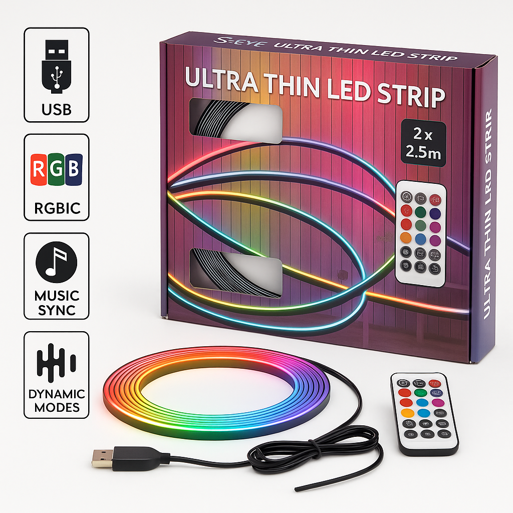 Bandă LED RGBIC s-eye Ultra Thin 5m cu Telecomandă și USB