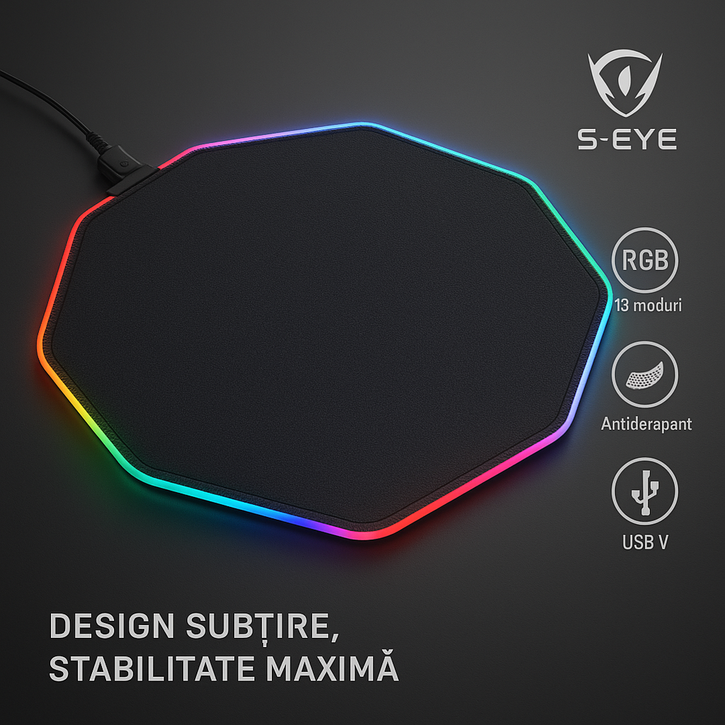 Covoraș de Podea Gaming S-Eye, LED RGB, octogonal, antiderapant, 115 cm, multicolor
