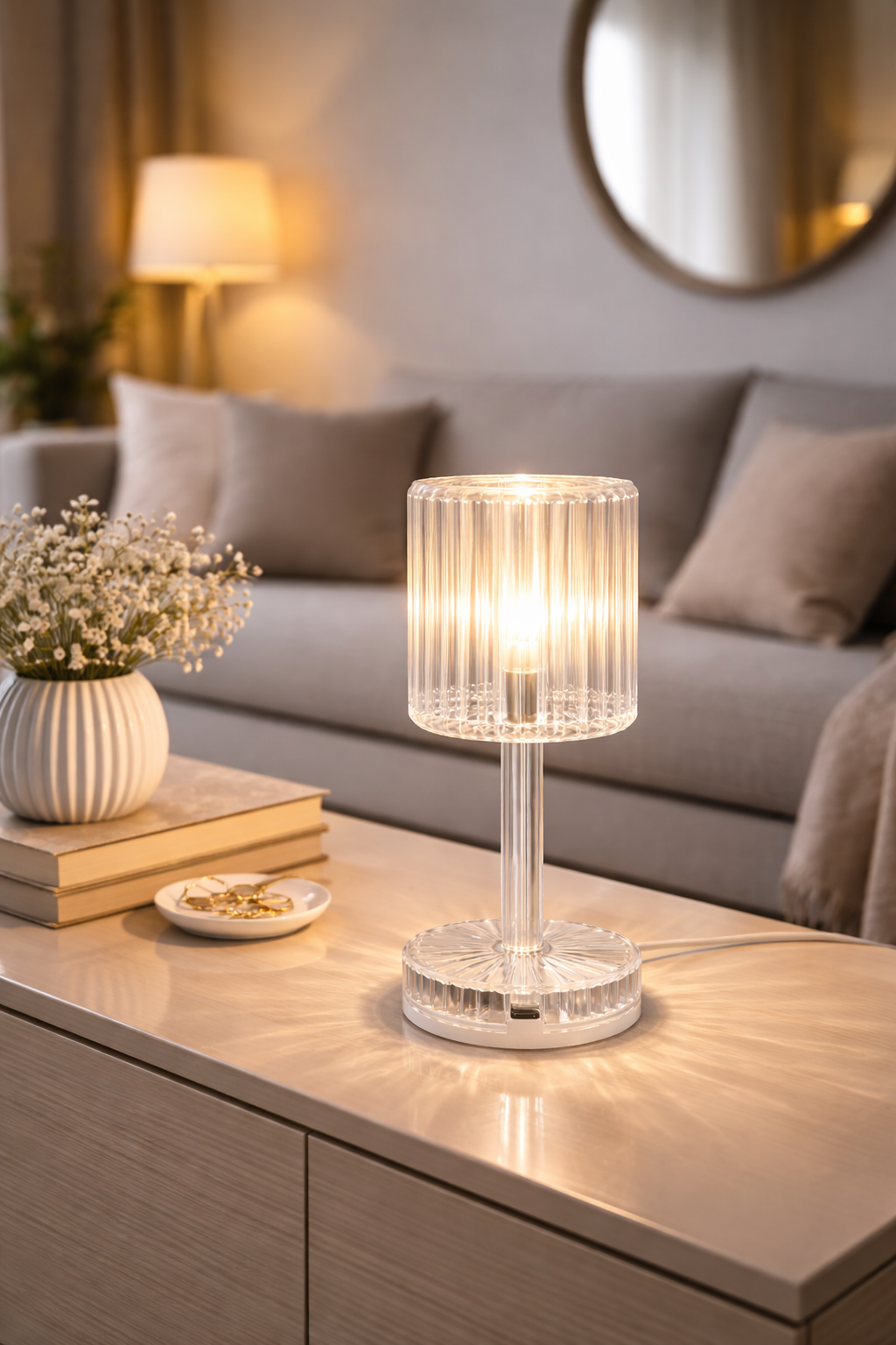 Lampa de Masa Tactila LED S-Eye - Design Cristal Transparent, Lumina Calda, Alimentare USB