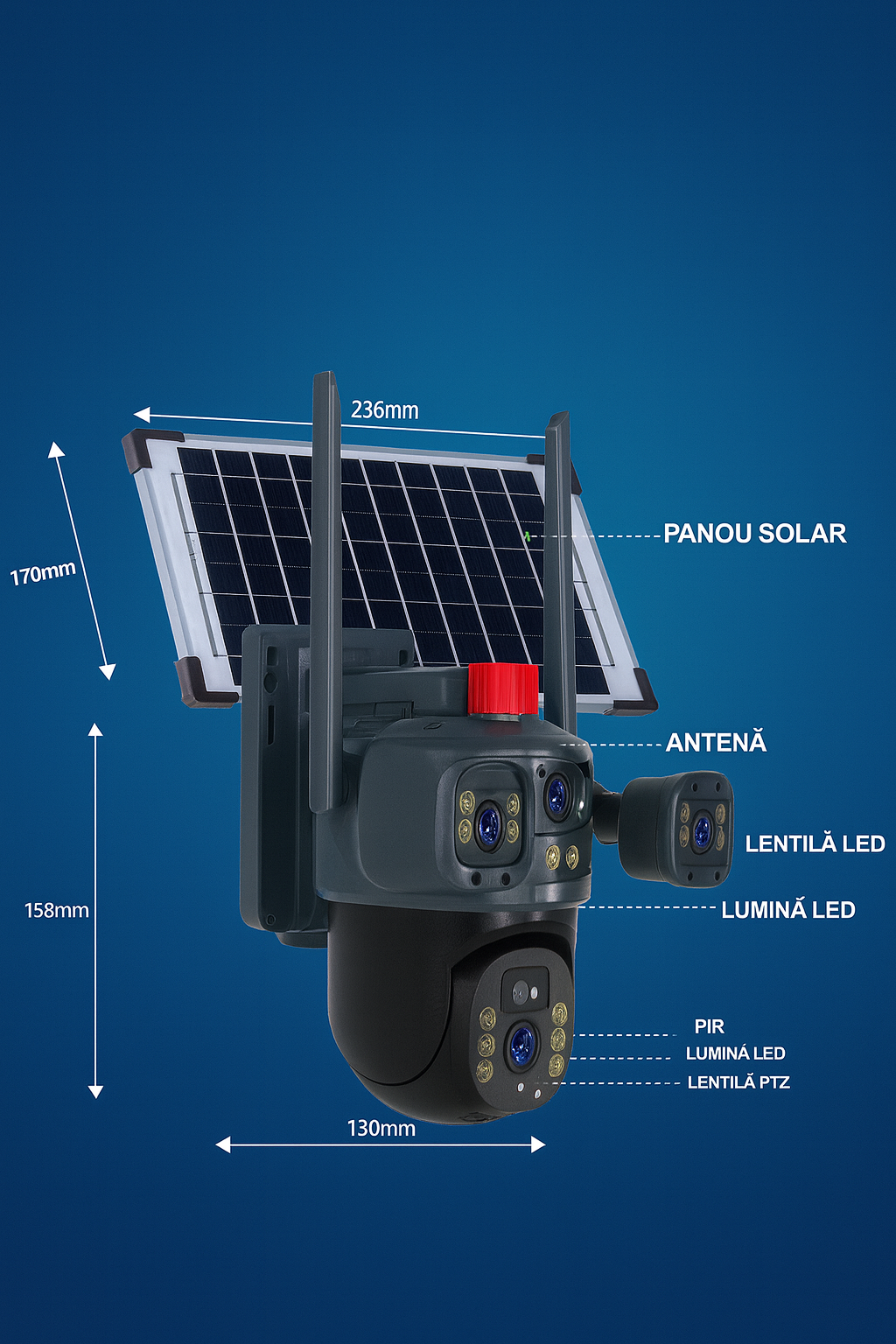 Cameră de Supraveghere Exterioară s-Eye Tripla 4G, 12MP Ultra HD, Zoom 10X, PTZ, Alimentare Solară 7.5W, Baterie 8000mAh