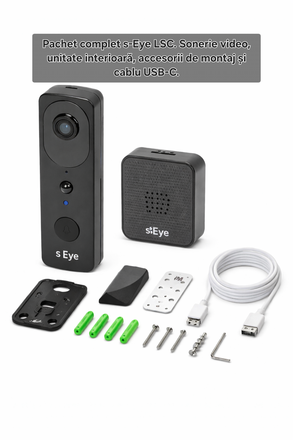 Sonerie video smart s-Eye WiFi 2.4GHz cu cameră HD 1296p și baterie reîncărcabilă