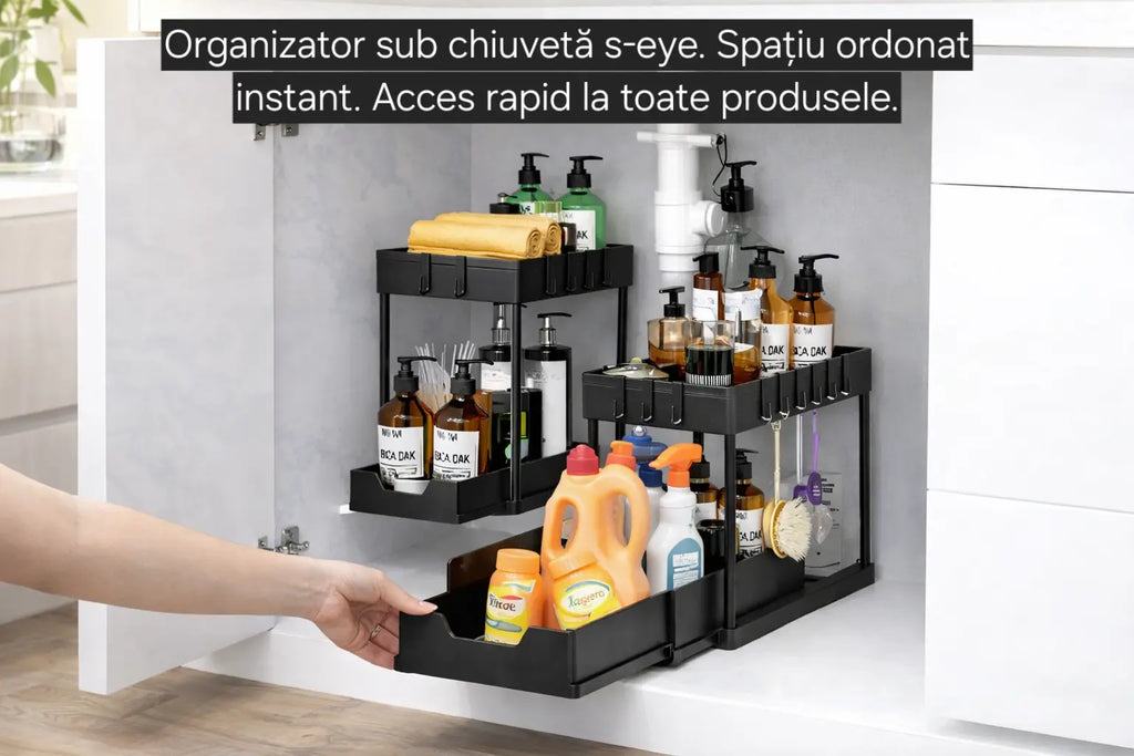Organizator sub chiuvetă s-eye cu coș glisant, 2 niveluri, raft depozitare baie și bucătărie, negru