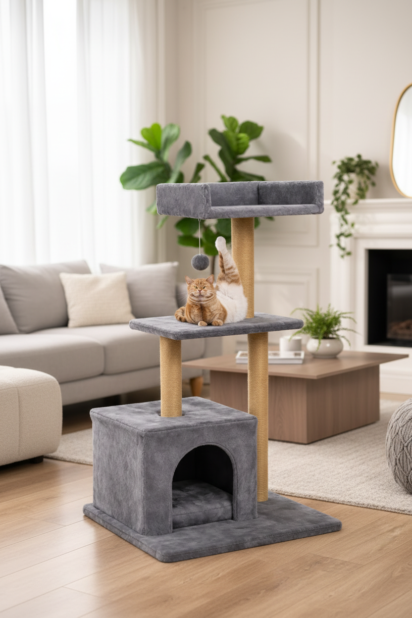 Ansamblu Joaca Pisici S-Eye - Stalp Zgariat 3 Niveluri, 30x50x90 cm, Plus Moale, Sisal Rezistent, Gri