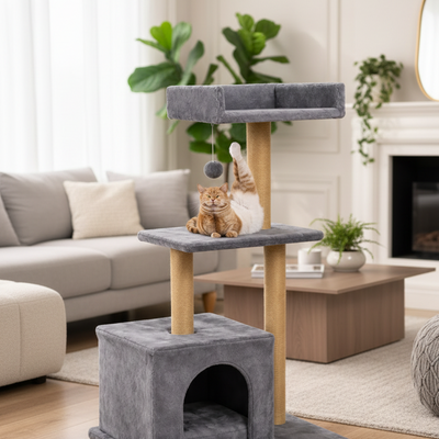 Ansamblu Joaca Pisici S-Eye - Stalp Zgariat 3 Niveluri, 30x50x90 cm, Plus Moale, Sisal Rezistent, Gri