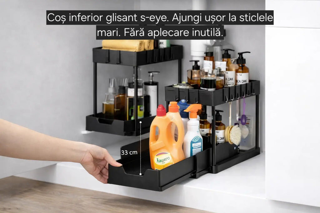 Organizator sub chiuvetă s-eye cu coș glisant, 2 niveluri, raft depozitare baie și bucătărie, negru