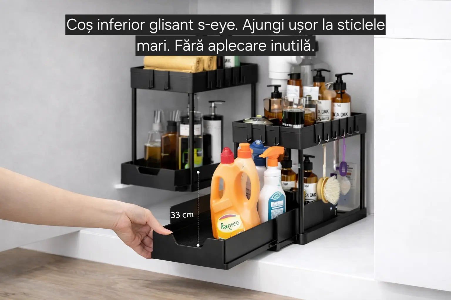 Organizator sub chiuvetă s-eye cu coș glisant, 2 niveluri, raft depozitare baie și bucătărie, negru