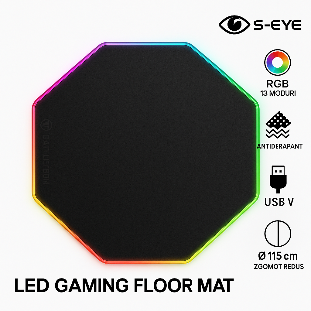 Covoraș de Podea Gaming S-Eye, LED RGB, octogonal, antiderapant, 115 cm, multicolor