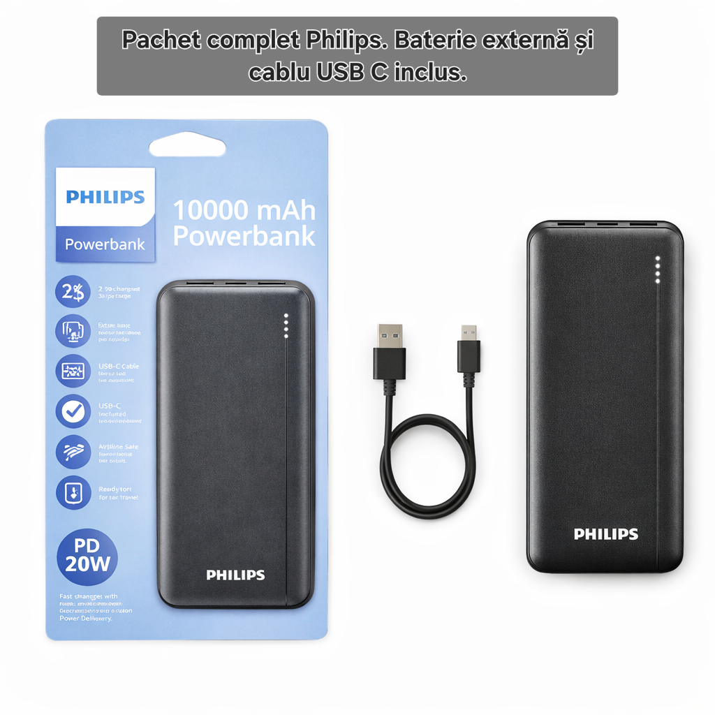 Baterie externă Philips 10000 mAh, PD 20W, încărcare de până la 2.3 ori mai rapidă, USB C, 2 x USB A, protecție avansată, sigură pentru avion, cablu inclus