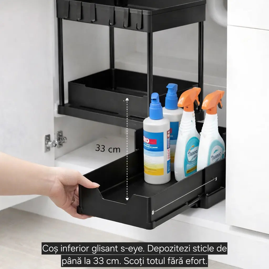 Organizator sub chiuvetă s-eye cu coș glisant, 2 niveluri, raft depozitare baie și bucătărie, negru