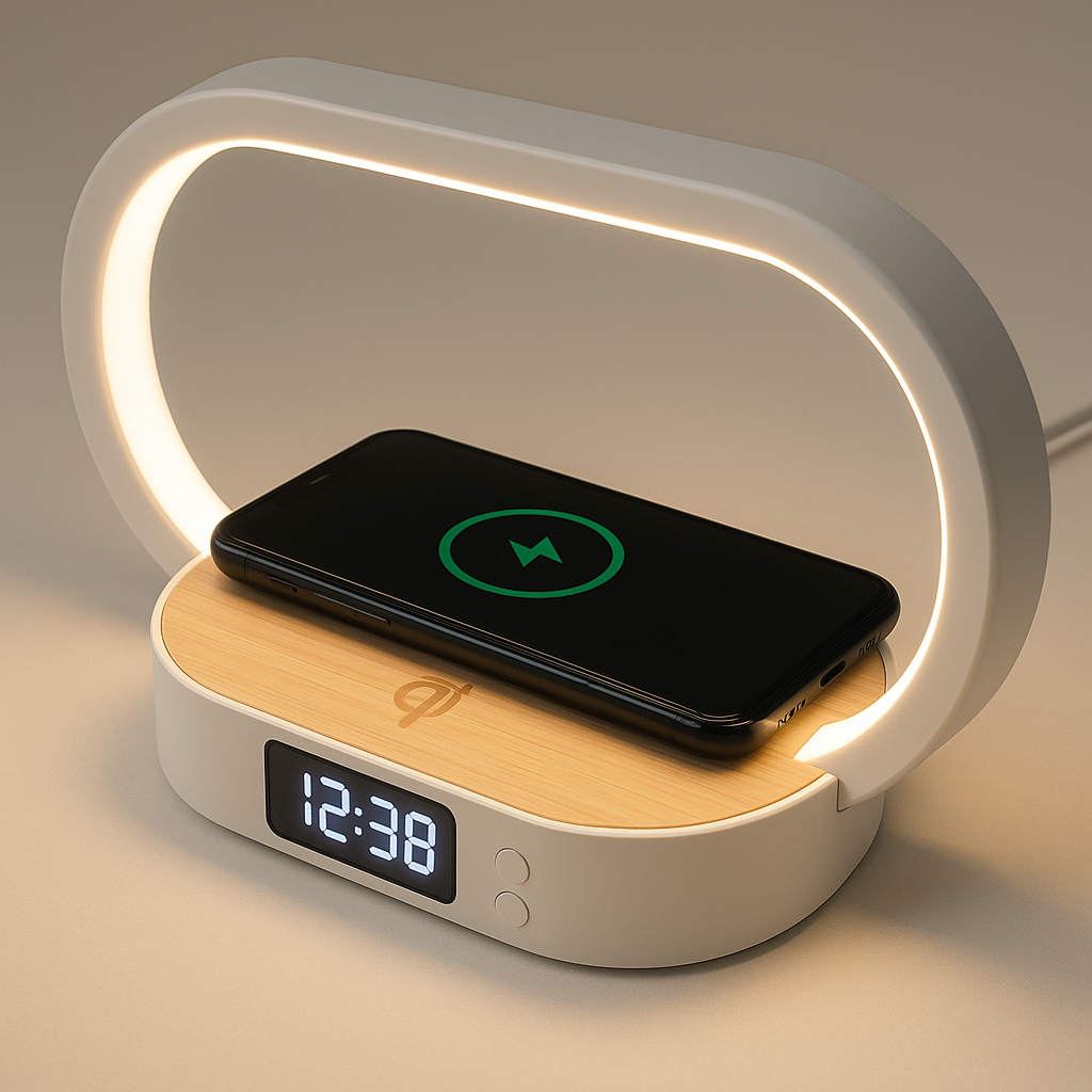 Lampa Multifunctionala s-Eye 3-in-1 cu Ceas, Lumina LED Reglabila si Wireless Charger