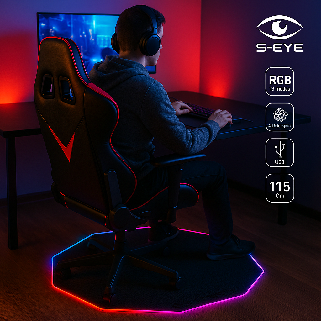 Covoraș de Podea Gaming S-Eye, LED RGB, octogonal, antiderapant, 115 cm, multicolor