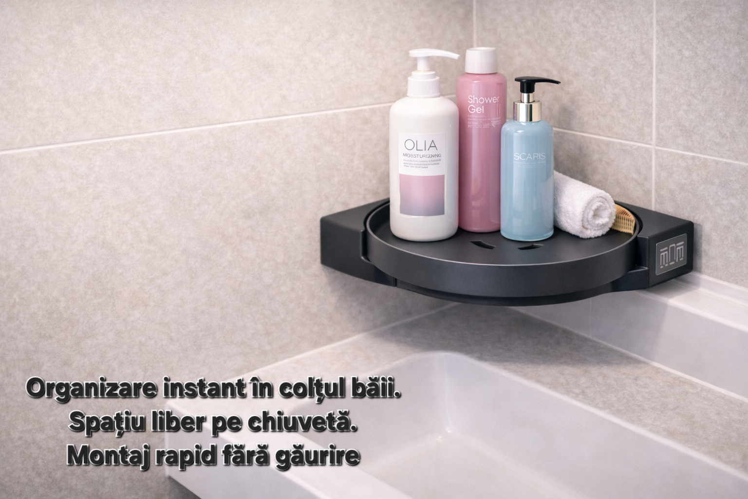 Suport rotativ baie s eye 360°, montaj fără găurire, organizator cosmetic rezistent la umezeală