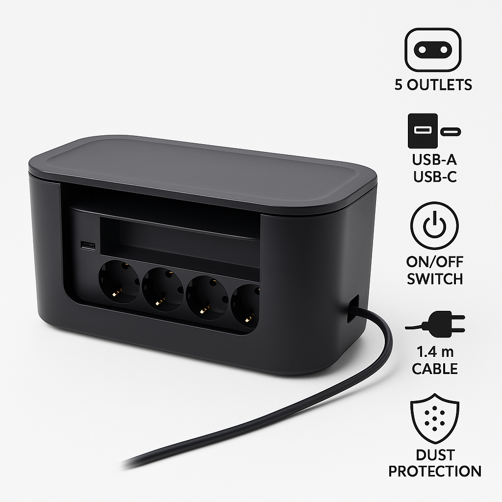Cutie organizare cabluri S-Eye cu 5 prize USB-A USB-C și capac de protecție