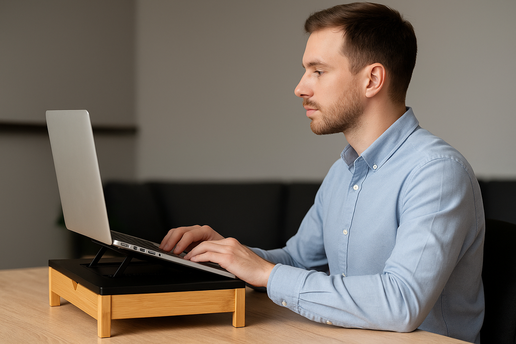 Suport laptop s-Eye din bambus cu sertar si stand pentru tableta, reglabil 9 pozitii