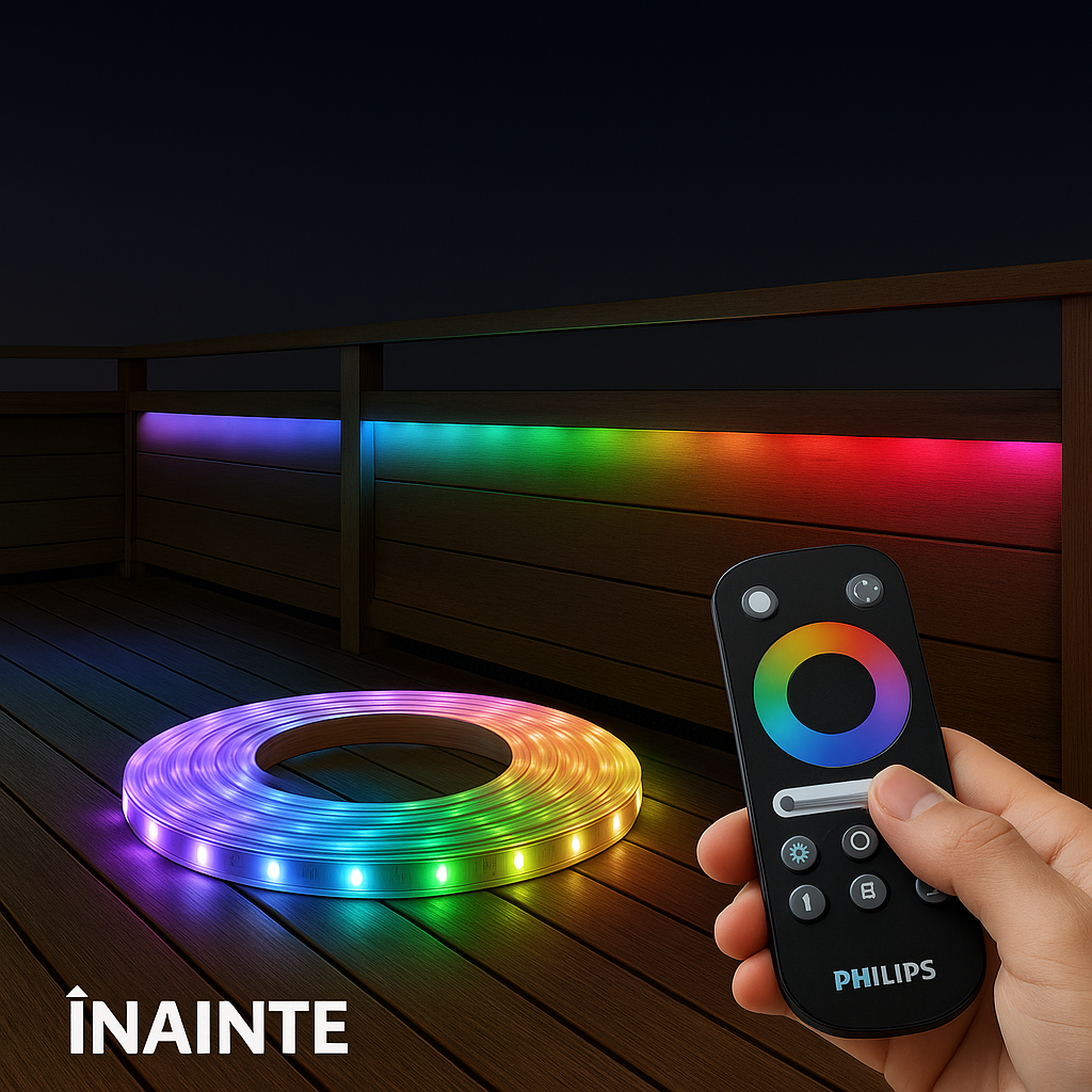 Bandă LED Philips Exterior 5 m RGB 1500 lm cu Telecomandă și Protecție IP44