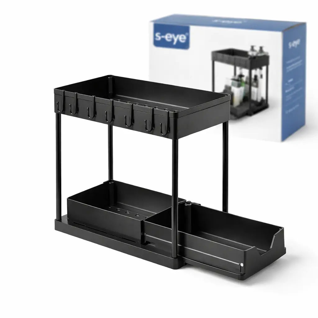 Organizator sub chiuvetă s-eye cu coș glisant, 2 niveluri, raft depozitare baie și bucătărie, negru