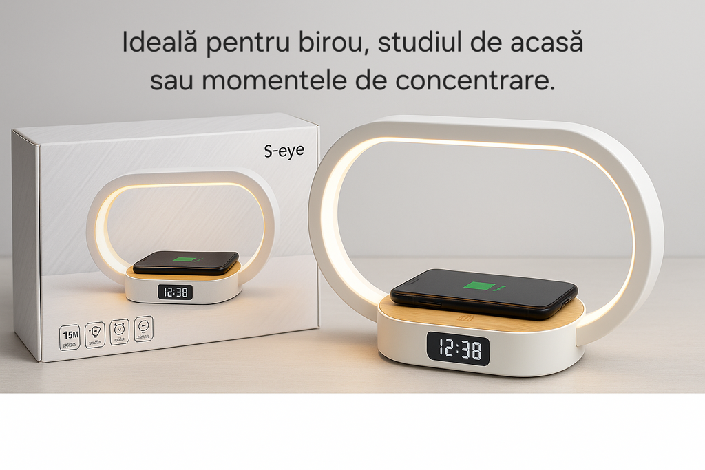 Lampa Multifunctionala s-Eye 3-in-1 cu Ceas, Lumina LED Reglabila si Wireless Charger