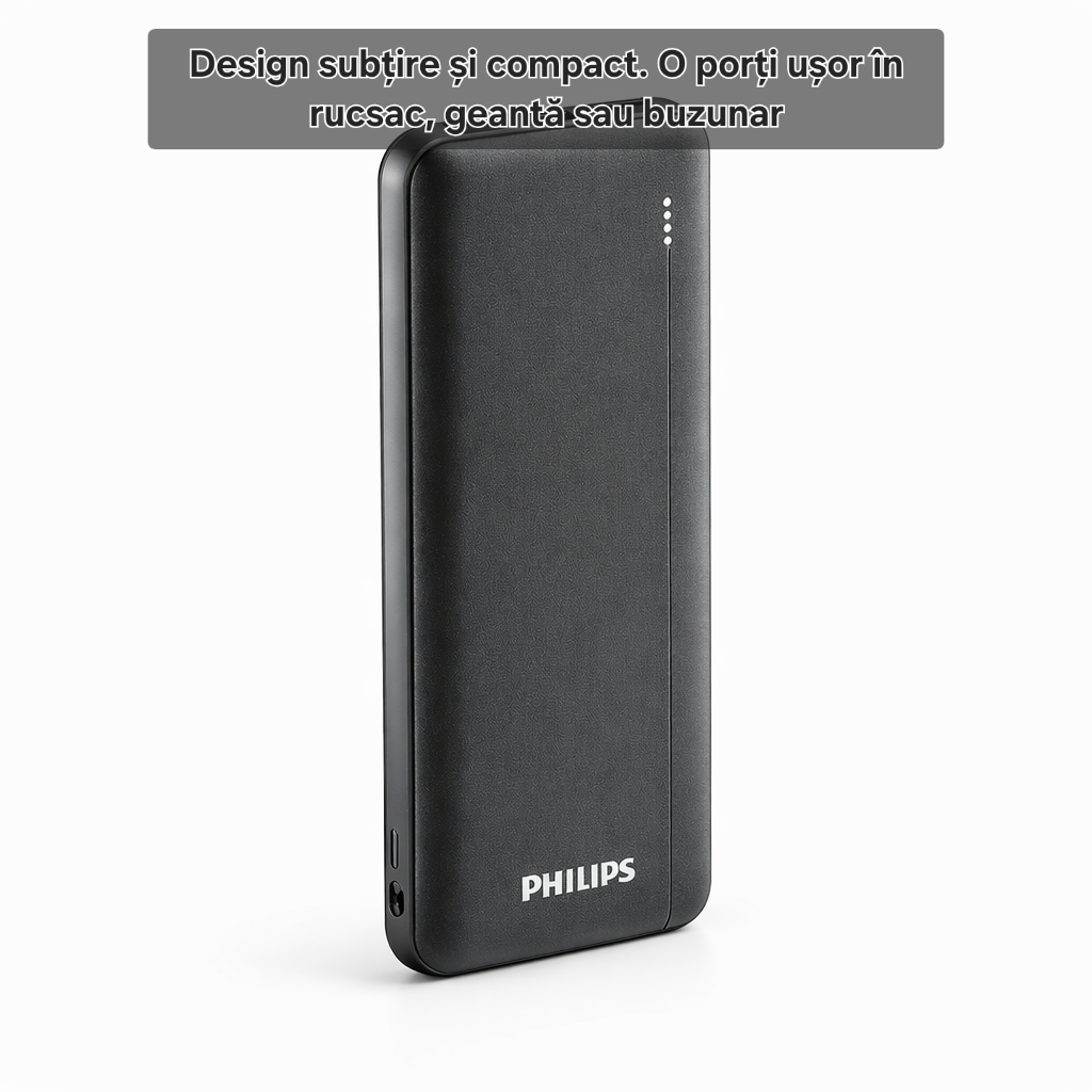 Baterie externă Philips 10000 mAh, PD 20W, încărcare de până la 2.3 ori mai rapidă, USB C, 2 x USB A, protecție avansată, sigură pentru avion, cablu inclus