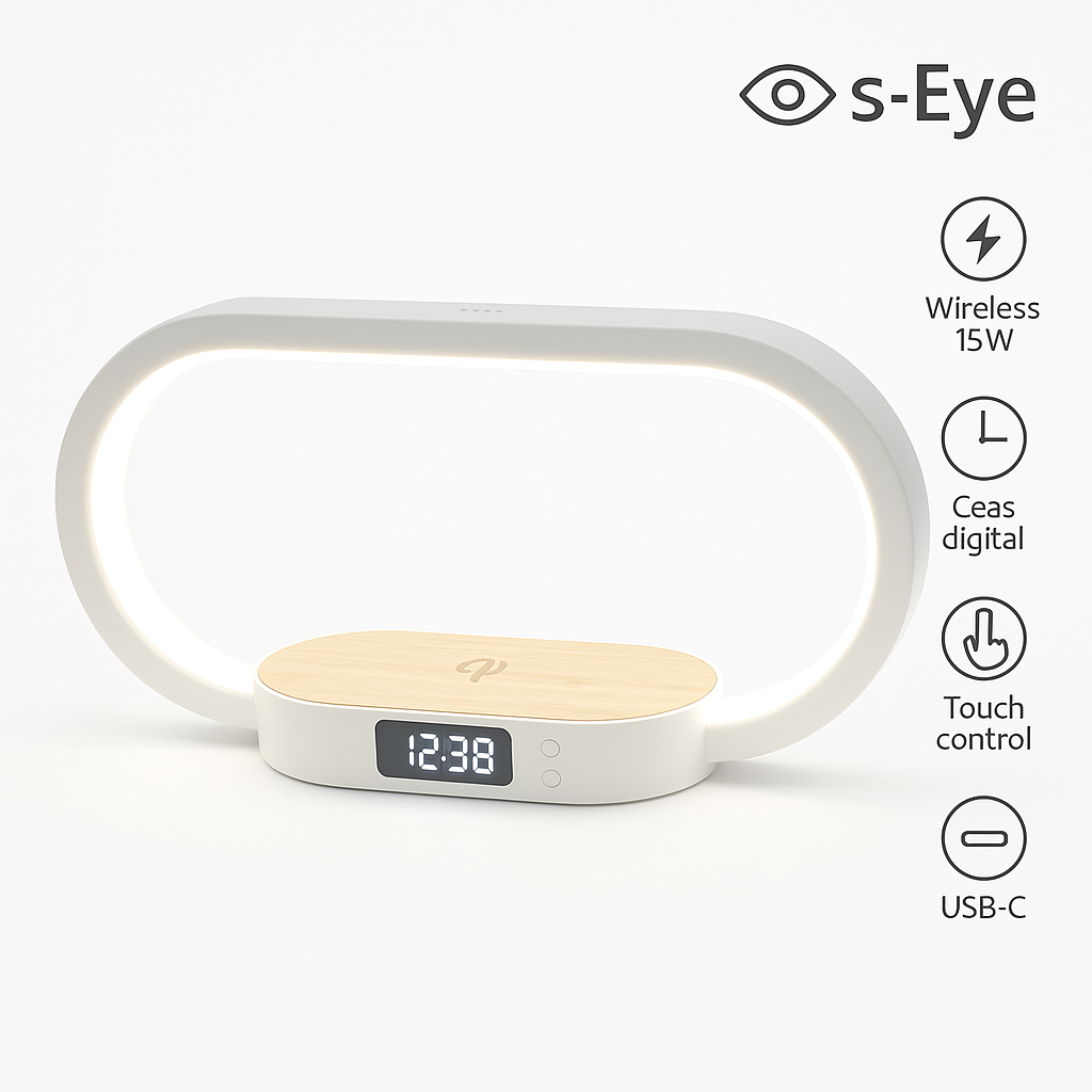 Lampa Multifunctionala s-Eye 3-in-1 cu Ceas, Lumina LED Reglabila si Wireless Charger