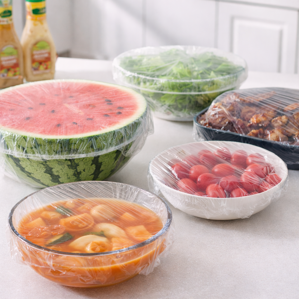 Huse elastice pentru alimente, set 100 bucăți, protecție farfurii și boluri, material PE alimentar