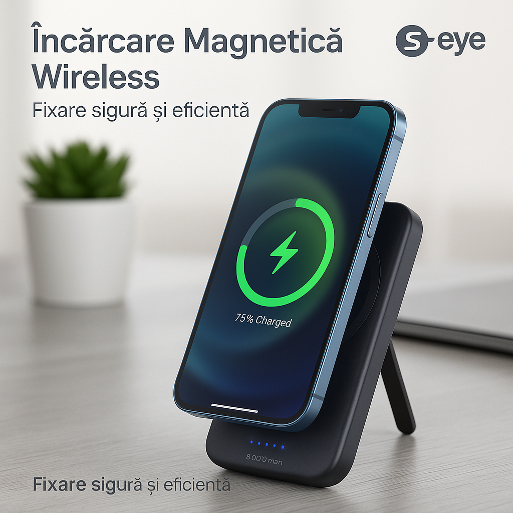 Baterie externa, Powerbank Magnetic s-Eye 5000 mAh cu Suport MagSafe si Stand Integrat – Incarcare Rapida USB-C & Wireless