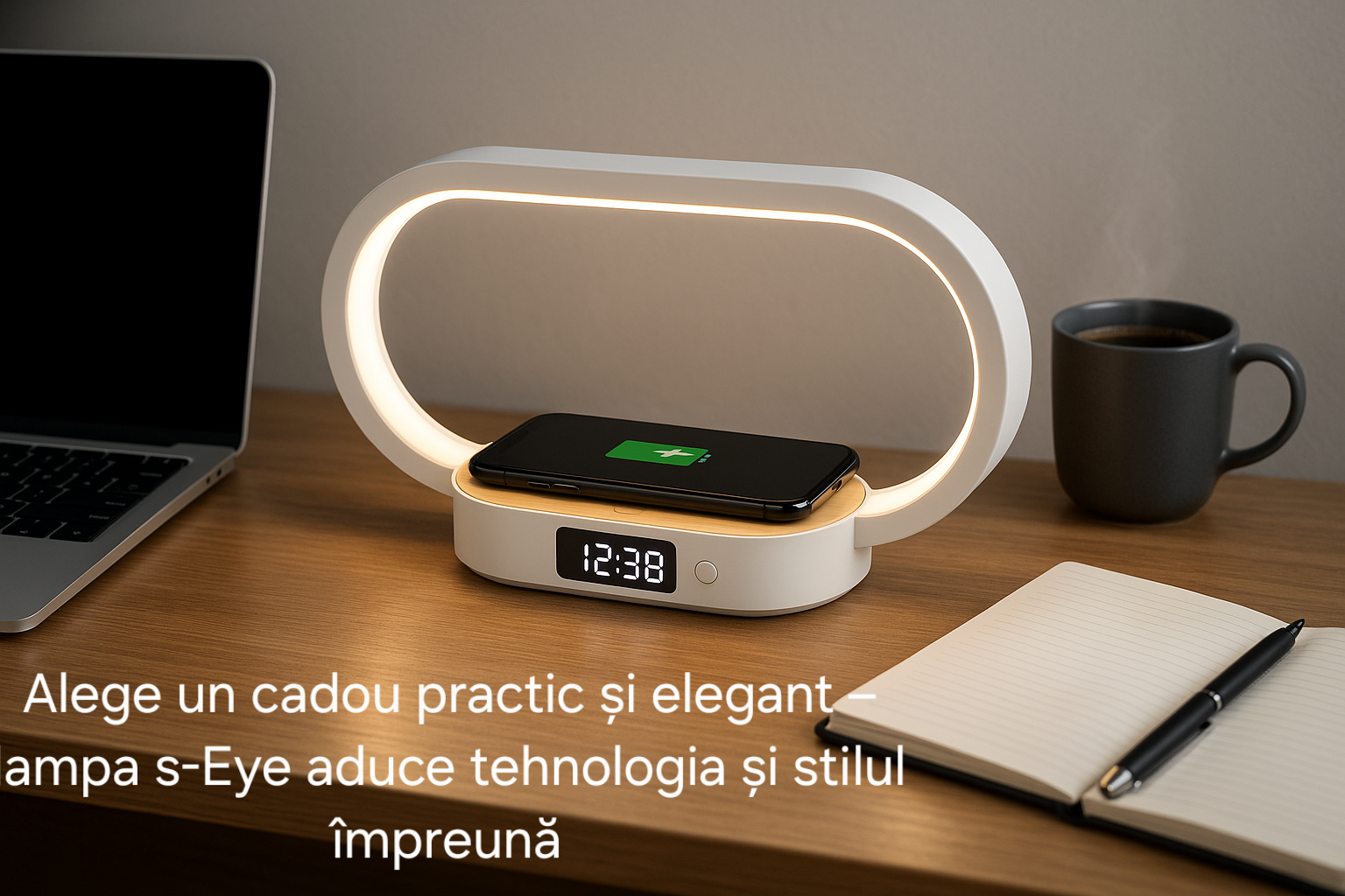 Lampa Multifunctionala s-Eye 3-in-1 cu Ceas, Lumina LED Reglabila si Wireless Charger