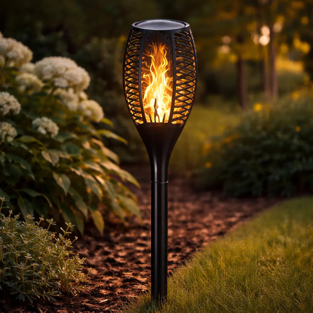 Lampă solară LED cu efect flacără pentru grădină, aprindere automată, montaj în sol