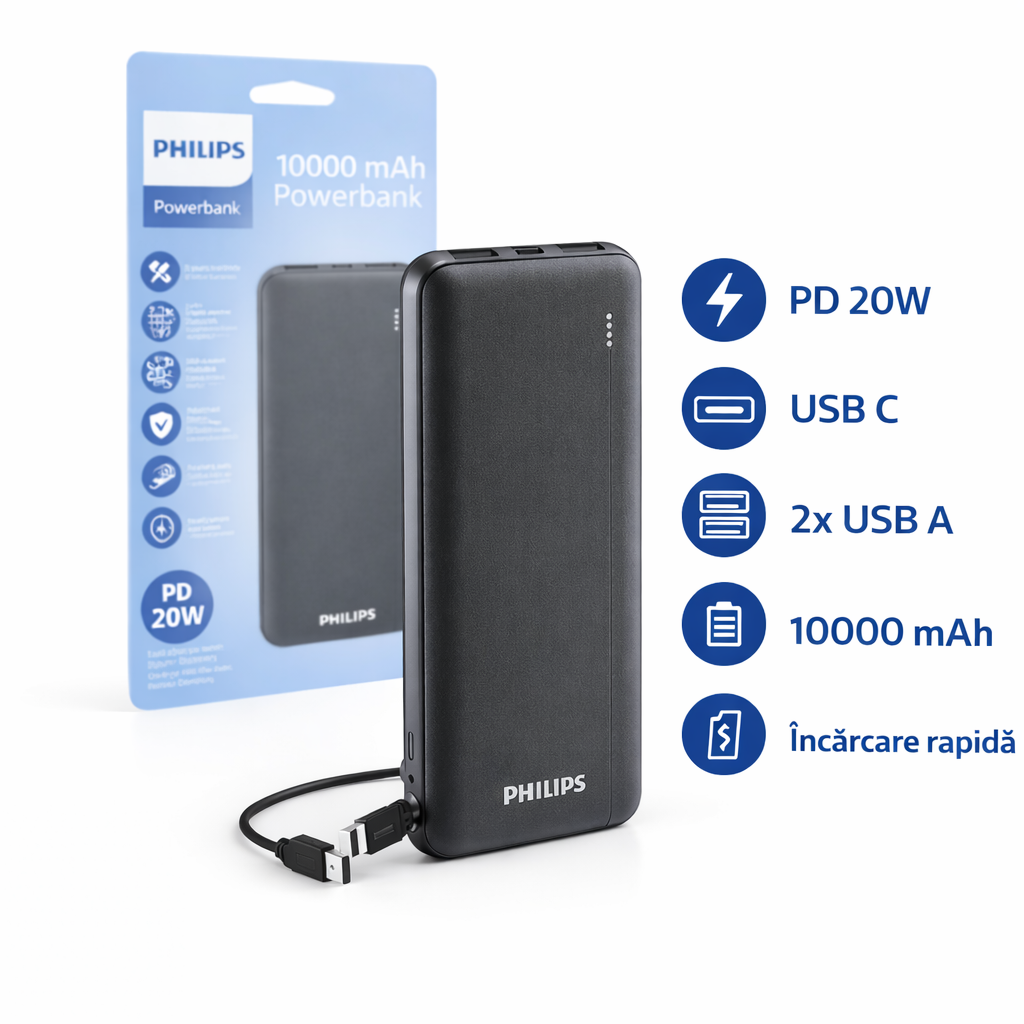 Baterie externă Philips 10000 mAh, PD 20W, încărcare de până la 2.3 ori mai rapidă, USB C, 2 x USB A, protecție avansată, sigură pentru avion, cablu inclus