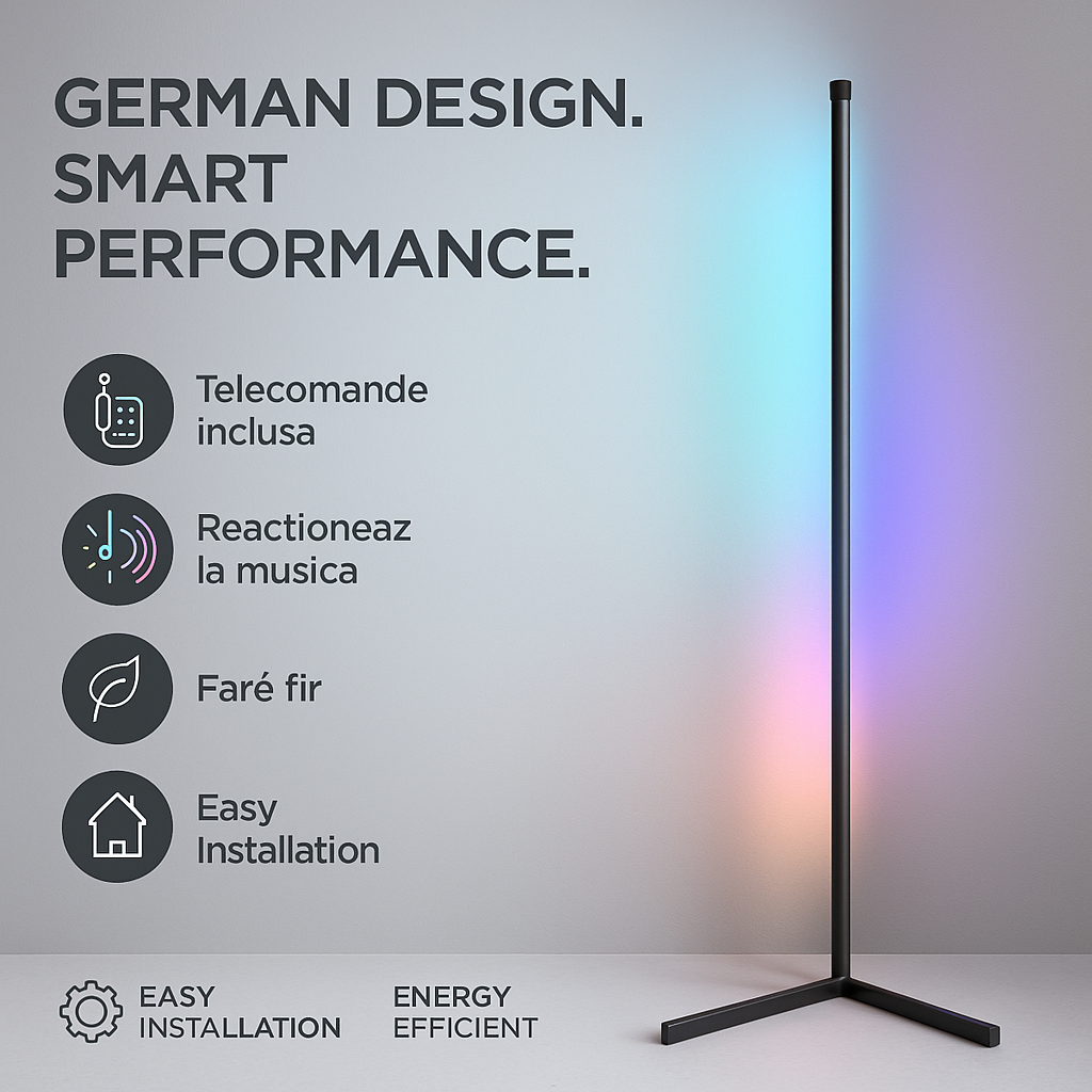 Lampa LED Grundig RGB 140 cm cu Telecomanda si Reactie la Muzica – Iluminare Inteligenta pentru Camera Moderna